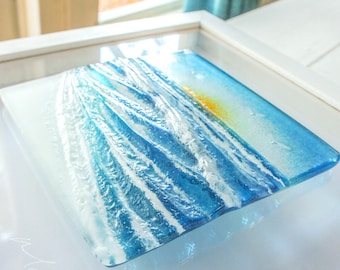 Wave in a Box Fused Glass Wave Wall Art Sun 25x25cm(10"), Turquoise Teal Blue Seaside Glass Framed Picture, Surfer's Wave Wall Sculpture