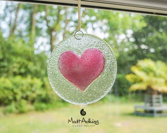 Pink Heart Glass Suncatcher 12cm(5"), cherry love heart fused glass sun catcher, hanging ornament, outdoor decor, grandma gift, glass art