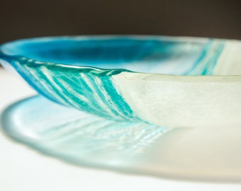 Beach Glass Fruit Bowl 29cm/12", Turquoise Fused Glass Fruit Bowl, Glass Coastal Table Decor, Ocean Glass Bowl, Beach Sea Birds Decor