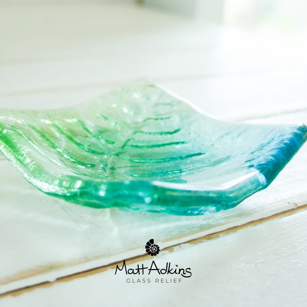 Fern Glass Ring Dish 10cm(4"), blue green aqua trinket dish, leaf bowl, jewellery dish, key bowl, nanny gift, tea light holder, teacher gift