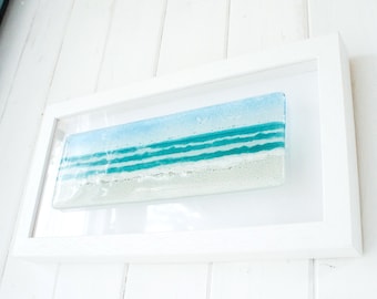 Landscape Beach Fused Glass Frame - handmade glass wall art  - 34x18cm(13x7")