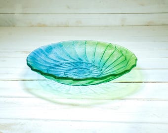 Green Ammonite Fused Glass Fruit Bowl - handmade turquoise textured sea glass art - 30cm(11.5")