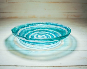 Turquoise Swirl Fused Glass Bowl 29cm(12"), Teal Swirl Glass Fruit Bowl, table centerpiece, handmade bowl, housewarming gift, couples gift
