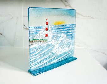 Lighthouse Suncatcher 22x20cm, Wave Suncatcher, Wave Fused Glass, teal home decor, Lighthouse Art, Fused Glass Art 22cmx20cm 8 1/2x7 3/4"