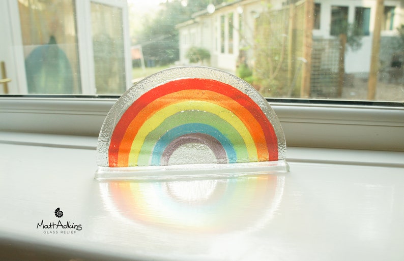 rainbow suncatcher	fused glass rainbow	rainbow gifts	sympathy gift	pride lgbt	rainbow nursery	laser engraved	pet loss gifts	miscarriage gift	pet memorial	friend birthday gift	sea glass art	rainbow bridge