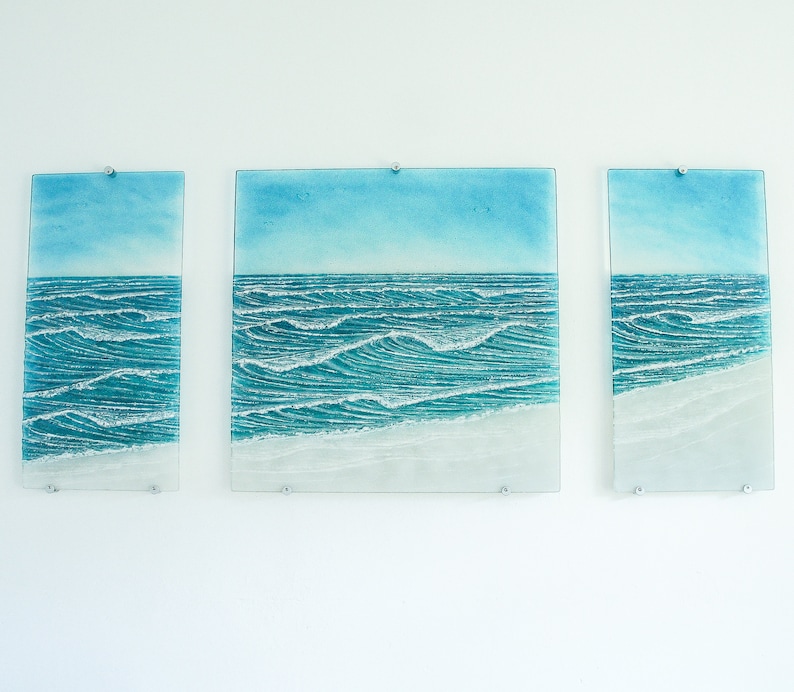 extra large wall art
teal fused glass
triptych wall art
textured wall art
gallery wall
3 piece wall art
set of 3 prints
wall art set
living room decor
sculpture sea glass
wall hanging
glass wall panels
blue wall sculpture