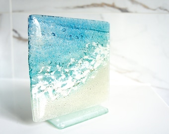 Beach Glass Art 12cm(5"), Fused Glass Art Freestanding Panel glued on one foot, Paradise Model 1, Beach Suncatcher, Sea Glass Art