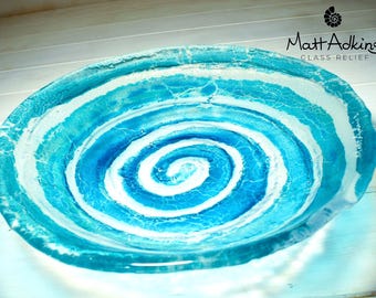 Bol de vidrio fusionado azul turquesa - frutero artesanal con diseño de vidrio marino de Matt Adkins - 30 cm (11,5")