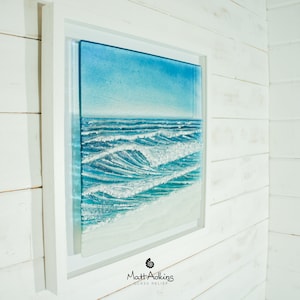Square Wave Frame 45x45cm (17x17&quot;), Wave Large Square Sea Beach Fused Glass Wall Art, glass wall sculpture, matt adkins, framed glass art