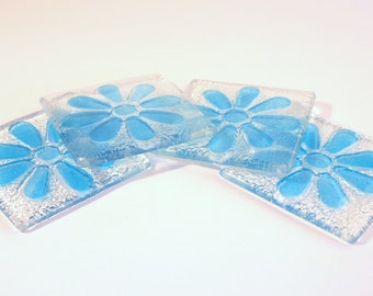 4 Blue Daisy Coasters, Set of 4 Blue Flower Daisy Fused Glass Coasters, Sea Glass Coasters, Blue Glass Coasters, Flower Coaster