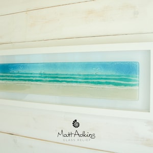 Panoramic Beach Wall Art 60x20cm(23 1/2x8&quot;), Landscape Turquoise Seaside Glass Framed Picture, Fused Glass Coastal Ocean Wall Art Decor