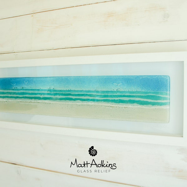 Panoramic Beach Wall Art 60x20cm(23 1/2x8"), Landscape Turquoise Seaside Glass Framed Picture, Fused Glass Coastal Ocean Wall Art Decor