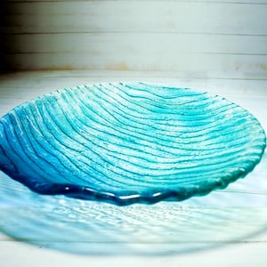 Turquoise Seabed Sea Glass Bowl - fused glass bird bath bowl in teal and blue handmade by Matt Adkins - 30cm(11.5")