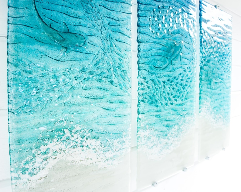 shark silver paradise triptych 3 piece wall art fused glass
wall art set
set of 3 prints
extra large wall art
3 piece wall art
teal fused glass
sea glass art
teal wall decor
textured wall art
wall panel sculpture
turquoise aqua art
3d abstract art
shark wall art