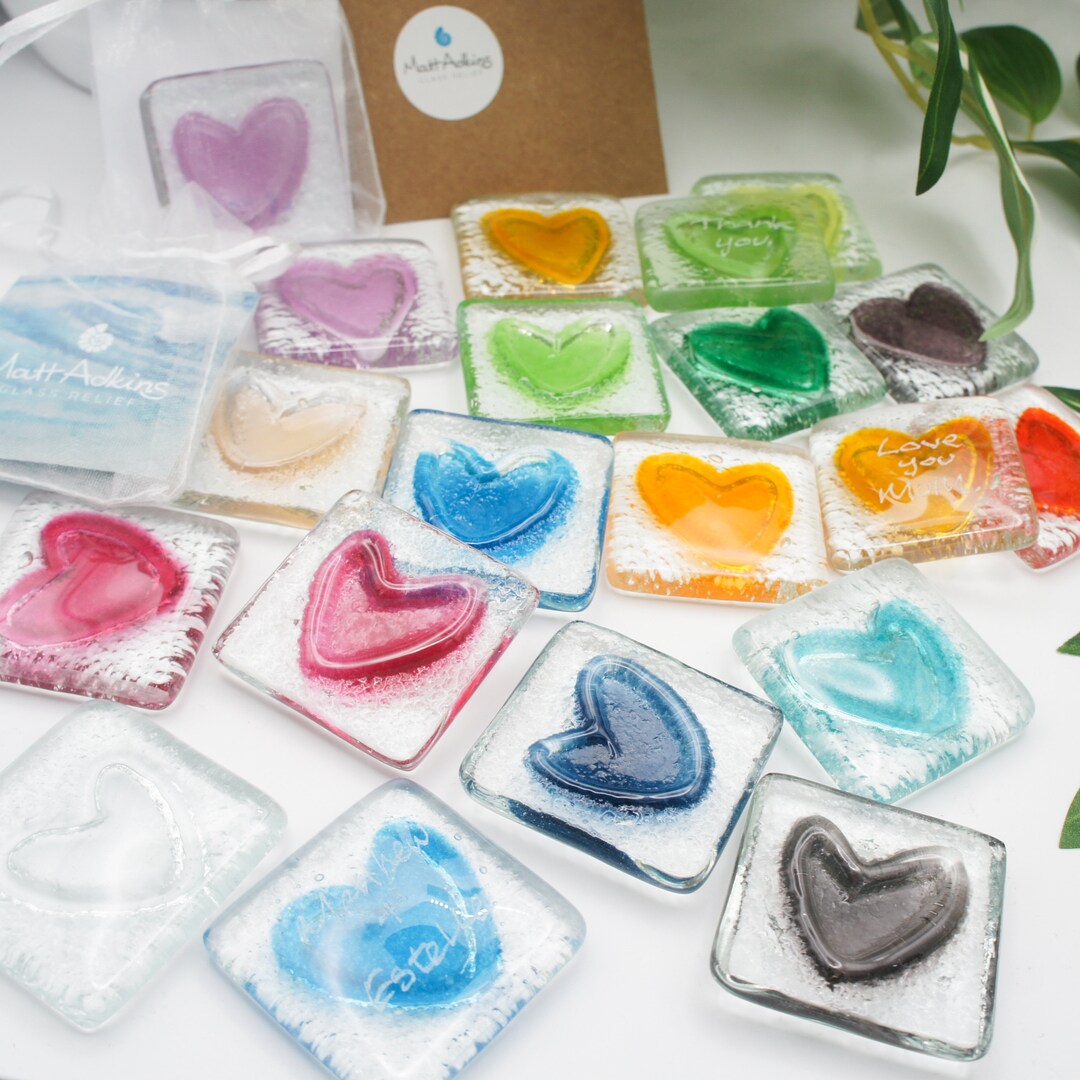 Fused Glass Heart Pocket Hug, Engraved, Letterbox Gift, Thinking of You ...