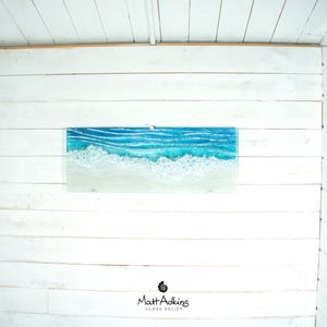 large panoramic wave fused glass wall art turuqoise and white with wall fixings