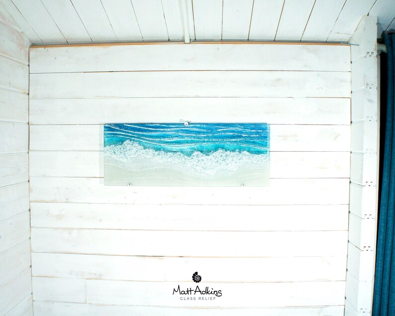 large panoramic wave fused glass wall art turuqoise and white with wall fixings