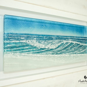 Large Wave Frame 60x30cm(12x23 1/2", Seas The Moment Panoramic Wave Fused Glass Wall Art, Wave Sea Glass Wall Sculpture, matt adkins