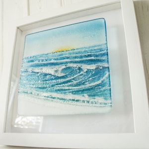 Rolling Wave in a Box Fused Glass Framed Art SUN 25x25cm(10&quot;), Blue Seaside Fused Glass Framed Picture D2, Glass Breaking Wave Wall