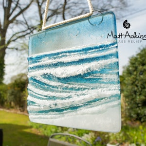 Hanging Glass Wave 12cm(5&quot;), Ocean Glass Sculpture Birds , Fused Glass Art Sea, Sea Windowsuncatcher Glass Art D2 with Cord