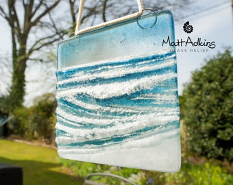 Hanging Glass Wave 12cm(5"), Ocean Glass Sculpture Birds , Fused Glass Art Sea, Sea Windowsuncatcher Glass Art D2 with Cord