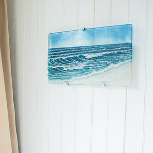 Wave Fused Glass Wall Art 44x26cm(17x10&quot;), Turquoise Blue Sea Glass Wave Wall Panel, Breaking Wave Wall Art, Glass Sculpture Ocean Art