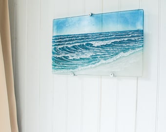 Wave Fused Glass Wall Art 44x26cm(17x10&quot;), Turquoise Blue Sea Glass Wave Wall Panel, Breaking Wave Wall Art, Glass Sculpture Ocean Art