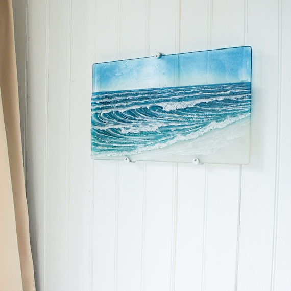 Wave Fused Glass Wall Art 44x26cm(17x10"), Turquoise Blue Sea Glass Wave Wall Panel, landscape textured Wall Art, Glass Sculpture Ocean Art