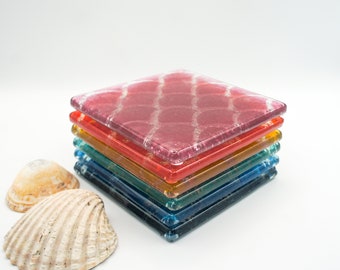 set of 4  Fishscale Fused Glass Coasters, coaster with japanese pattern 10cm(4"), house warming gifts, tile coaster, handmade coaster, gifts