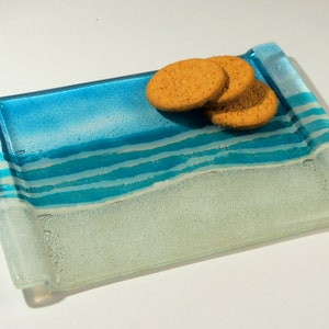 Beach on a Tray 30x20cm(11 3/4x8 1/4") | Turquoise Beach Fused Glass Seaside Tray | Cheese Tray Glass Platter | Beach Home Tableware