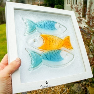 3 Fish Glass Art 25x25cm (10&quot;x10&quot;), Blue Orange Fish Glass Framed Picture, Fish Coastal Wall Art