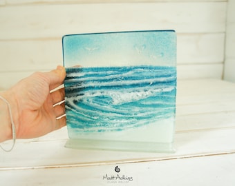 Rolling Wave Glass 15cm (6"), Glass Wave, Fused Glass Suncatcher, Handcrafted Glass Coastal Decor, Ocean Wave Glass Sculpture D1 on 1 foot