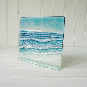 Square Wave Stand 22x20cm(8 1/2x7 3/4"), Wave Suncatcher, Teal Wave Freestanding Panel, Fused Glass Coastal Art, Wave Model 3