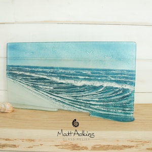 Wave Glass Art 40x20cm(16x8&quot;), Turquoise Blue Teal Wave Panel Freestanding, Fused Glass Sea Art, Coastal Scene, Ocean Glass Art Sculpture