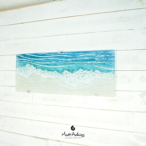 large panoramic wave fused glass wall art turquoise and white with wall fixings