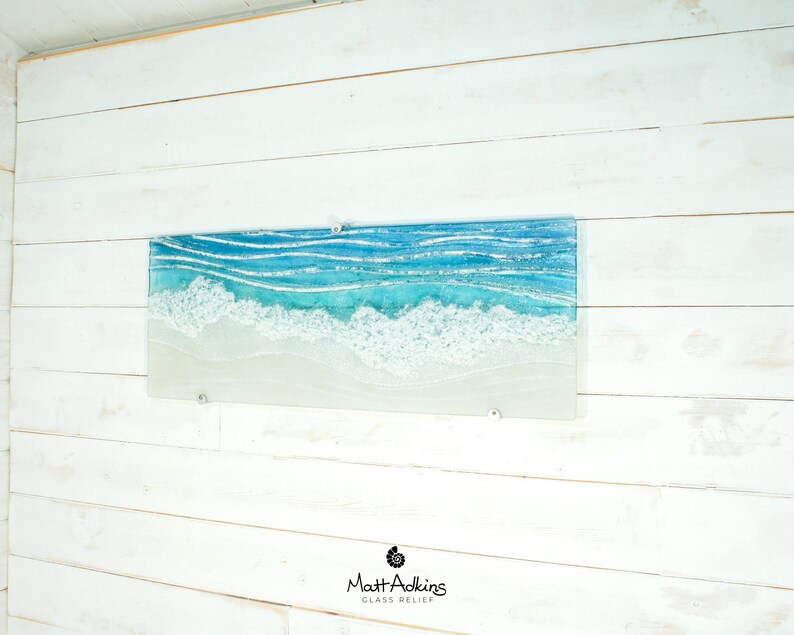 large panoramic wave fused glass wall art turquoise and white with wall fixings