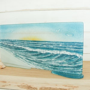 Wave Glass Art Sun 40x20cm(16x8&quot;), Turquoise Teal Wave Panel Stand Seagulls, Fused Glass Ocean, Fused Glass Art, Sea Glass Art