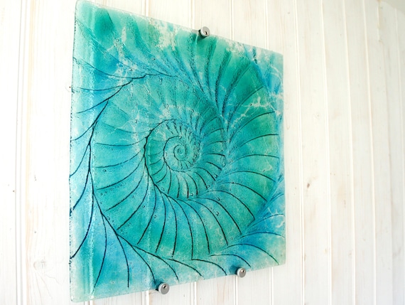 Large Square Ammonite Panel 40x40cm (16x16"),Turquoise/Blue Ammonite Glass Wall Panel, Fossil Nautilus Seashell Picture, abstract wall art