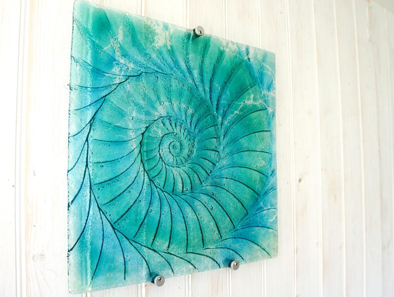 Duży kwadratowy panel ścienny z amonitem 40 x 40 cm (16 x 16 cali), turkusowo-niebieski szklany panel ścienny z amonitem, obraz z muszlą Nautilusa, abstrakcyjna sztuka ścienna zdjęcie 1