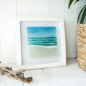 Beach Fused Glass Framed Art 25x25cm(10&quot;), Seaside Glass Framed Picture sea glass, Fused Glass Wall Art, Coastal Ocean Wall Decor