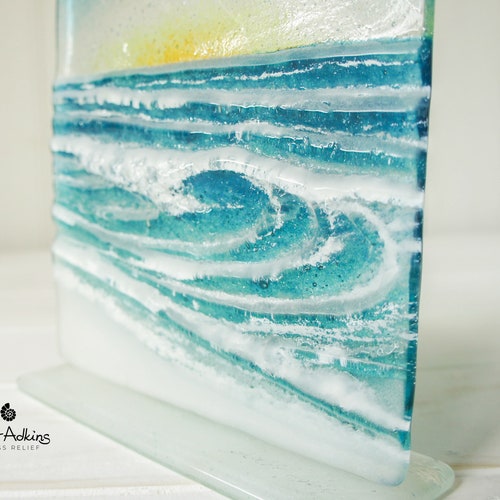 Rolling Wave Sun 15cm(6"), Turquoise Blue Teal Wave Suncatcher, Fused Glass Art, Surfing Wave, Ocean Glass Wave, Coastal  Scene 15cm D2 Sun