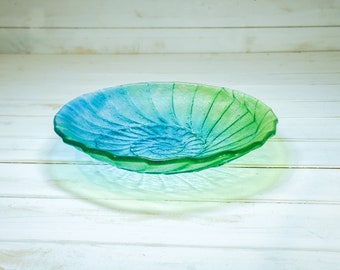 Green Ammonite Bowl 29cm(12"), Medium Turquoise Lime Green Fossil Nautilus Fused Glass Fruit Bowl, Beach Glass Table Decor, Glass Art