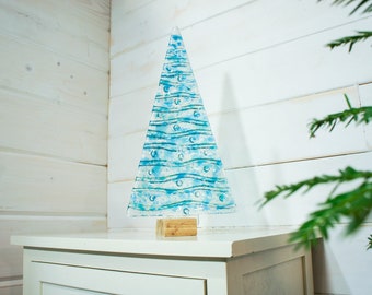XL Glass Christmas Tree Blue Turquoise 32cm ( 12 1/2" tall), Blue Fused Glass Christmas Tree Decoration Ornament with wooden block