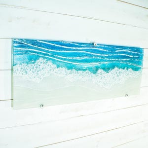 large panoramic wave fused glass wall art turuqoise and white with wall fixings