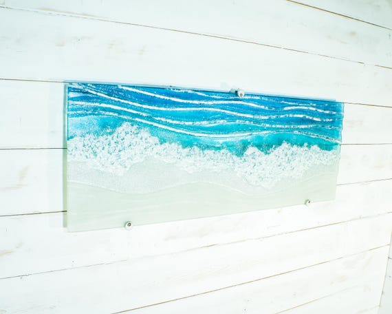 Large Panoramic Glass Wave Art 70x26cm(28x10"), fused glass teal coastal panoramic modern wall art, turquoise textured art, beach room decor