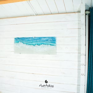 large panoramic wave fused glass wall art turquoise and white with wall fixings