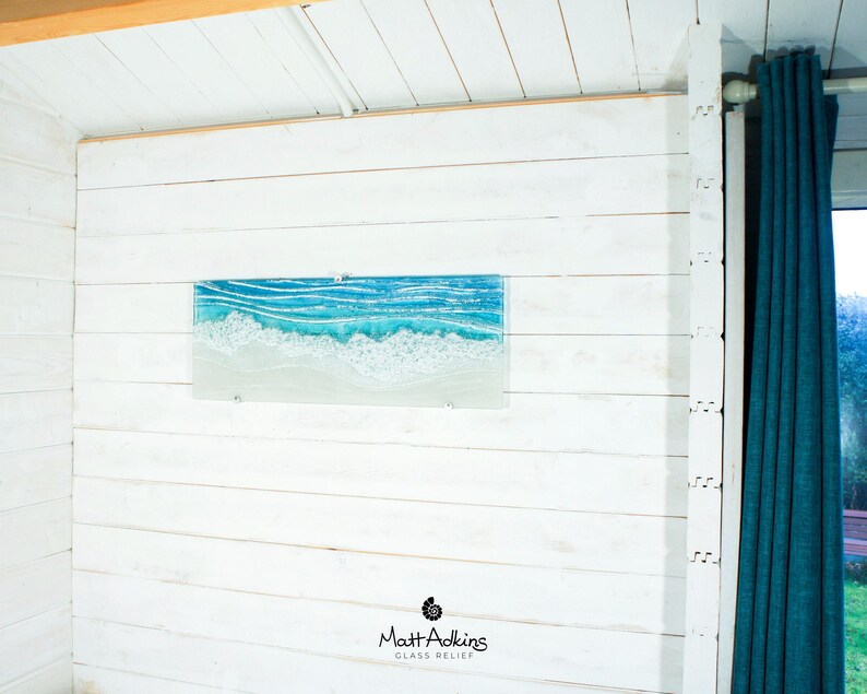 large panoramic wave fused glass wall art turquoise and white with wall fixings