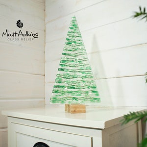 XL Fused Glass Christmas Tree Green 32cm ( 12 1/2" tall), Green Fused Glass Christmas Tree Decoration Ornament with wooden block