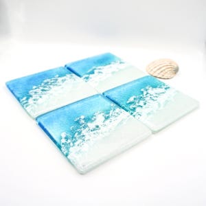 Turquoise Sea Paradise Coasters Set, Set of 4 Beach Fused Glass Coasters 10cm, Beach House Decor Coasters by Matt Adkins, nautical gifts