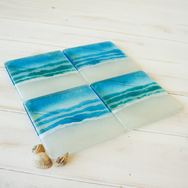 4 Beach Coasters 10cmx10cm(4x4inches), Choose turquoise or blue, Set of 4 gass coasters, Beach Sea Fused Glass Coasters, sea glass coasters